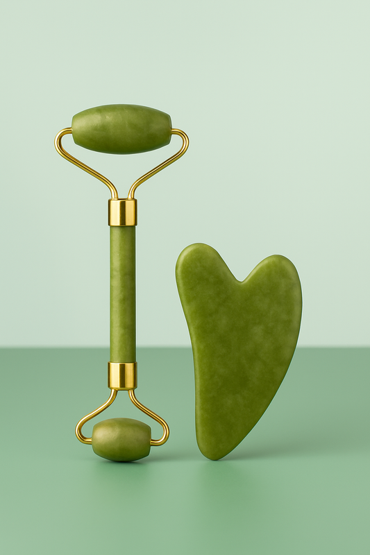 Roller & Gua Sha en Quartz Vert Naturel – Anti-Âge